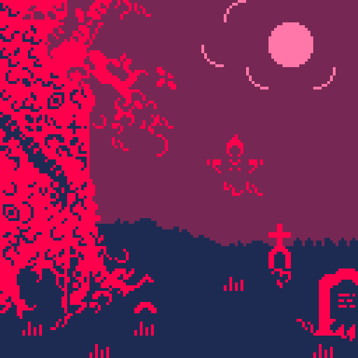 A 128x128 pixel art scene of a lonely graveyard and one, thick, gnarled tree. A ghost floats with arms spread wide, and a full moon hangs in the hazy sky.