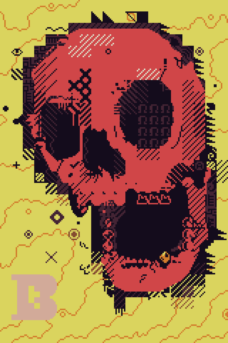 Pixel art made from a limited selection of tiles and 8 colors. A red skull, with its mouth open and one gold tooth in its jaw, fills the frame, full of rough details. It sits on a dark outline that is chaotically jagged and full of stray symbols. The background looks like a sort of elevation map in yellow and orange. A pink "TB" logo for "Tristan Bowersox" (a.k.a. TB McQueen) is in the lower left.