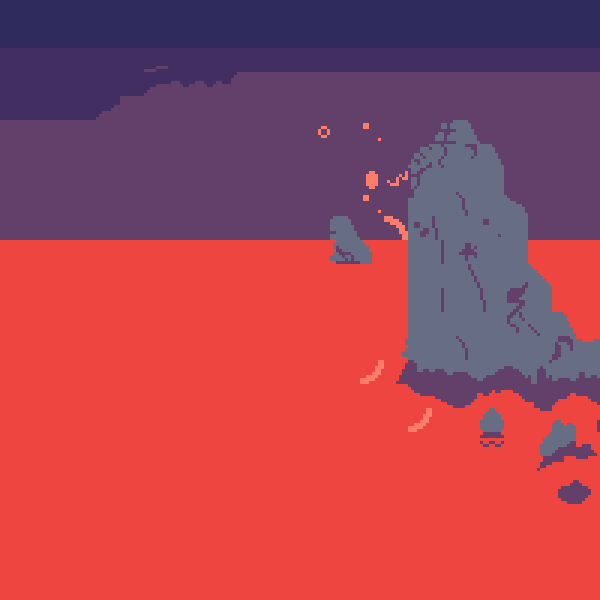 Pixel art showing a red sea with gray rocks jutting out of it against a stormy sky.