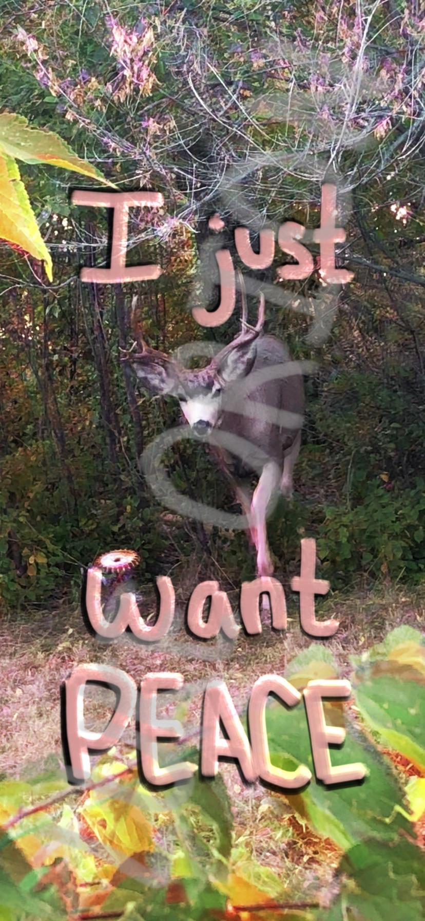 A deer stands among foliage in a forest setting, with text overlay that reads "I just want PEACE." The image conveys a serene, natural atmosphere.