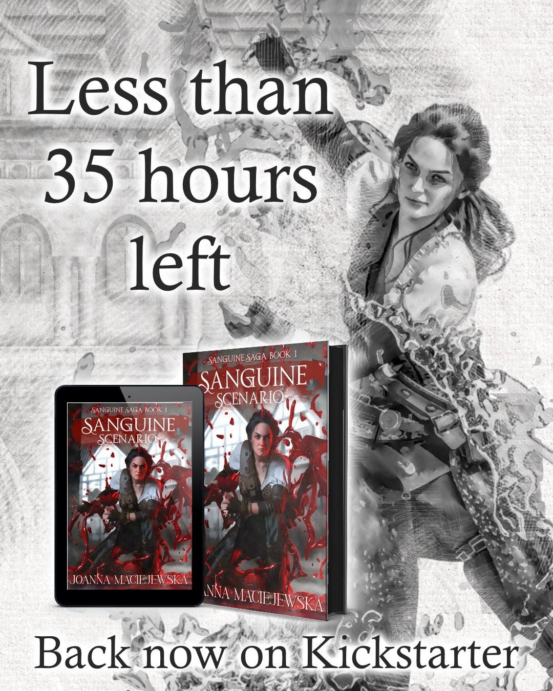 Fantasy graphic, book mockup for Sanguine Scenario and text: Less than 25 hours left, back now on Kickstarter