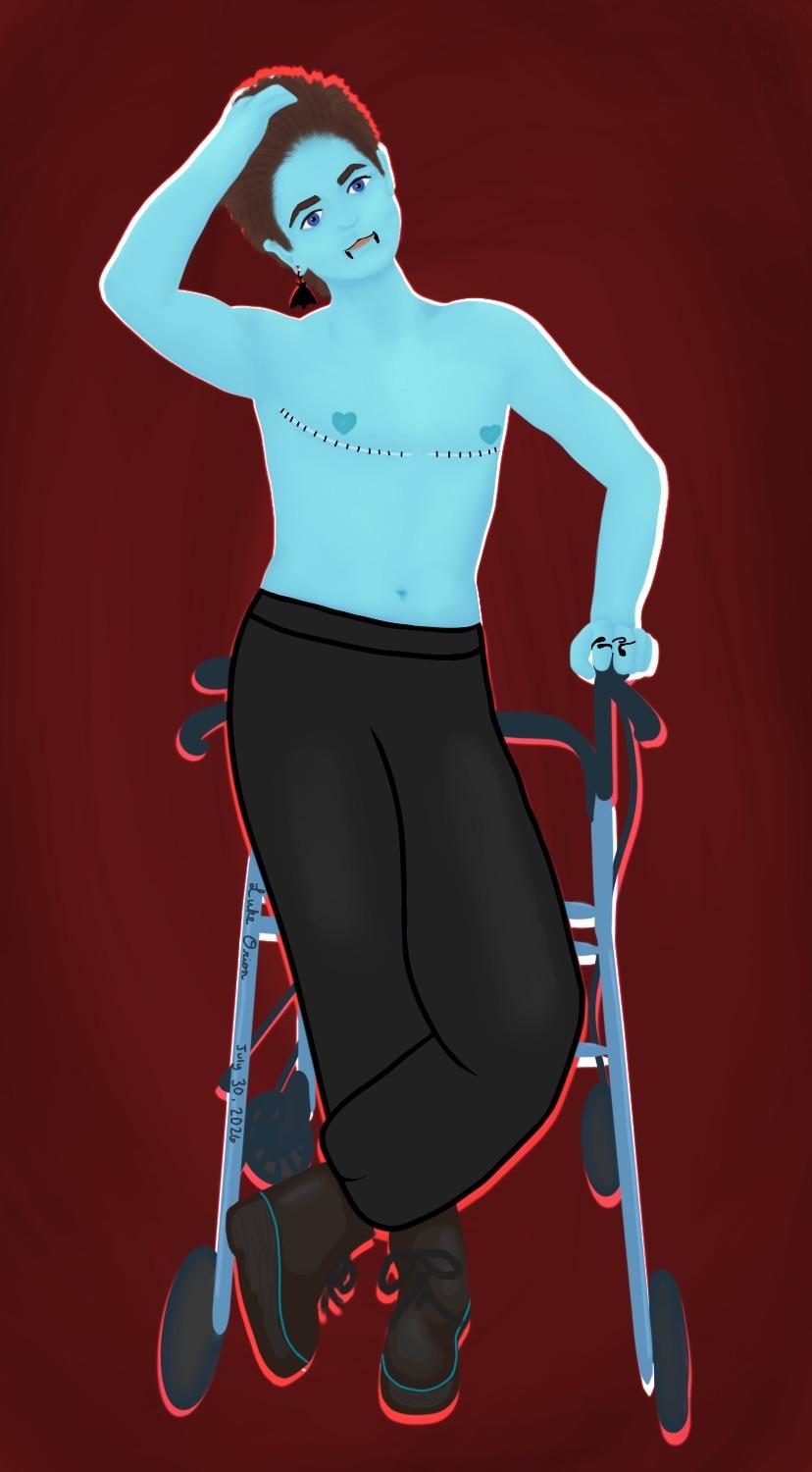 A blue-skinned character with short hair is posing while leaning on a walker. They have visible fangs, hearts as nipples with top surgery scars to match, and are wearing black pants and boots. The background is a gradient of dark red.